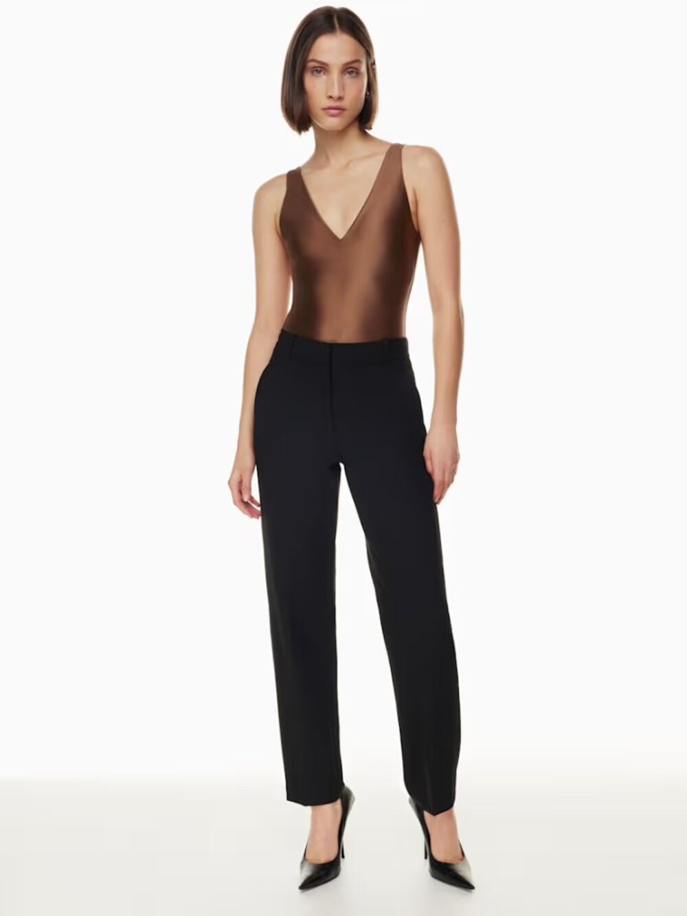 Aritzia Babaton Satinette V-Neck Brown Bodysuit